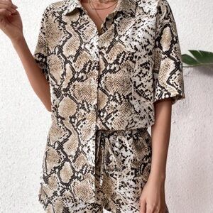Snake Print Button-Up Shirt and Shorts Set